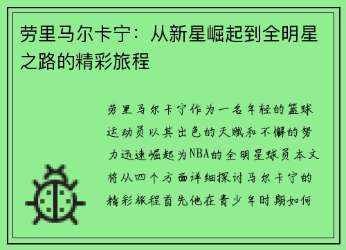 劳里马尔卡宁：从新星崛起到全明星之路的精彩旅程