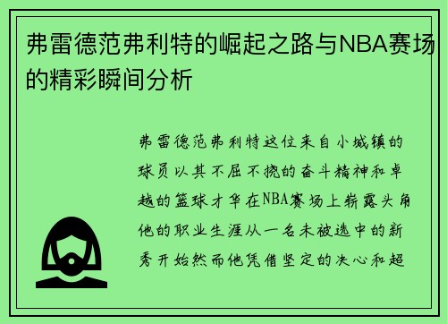 弗雷德范弗利特的崛起之路与NBA赛场的精彩瞬间分析