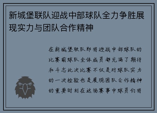 新城堡联队迎战中部球队全力争胜展现实力与团队合作精神