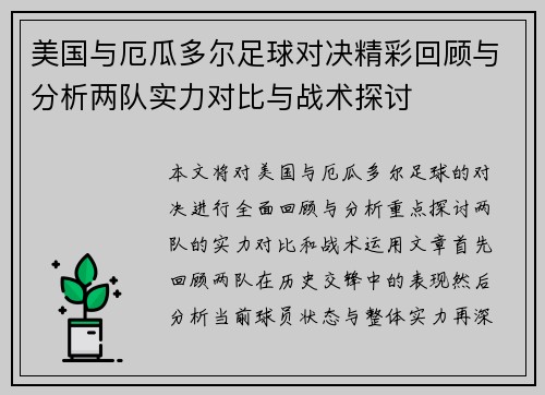 美国与厄瓜多尔足球对决精彩回顾与分析两队实力对比与战术探讨