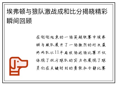 埃弗顿与狼队激战成和比分揭晓精彩瞬间回顾