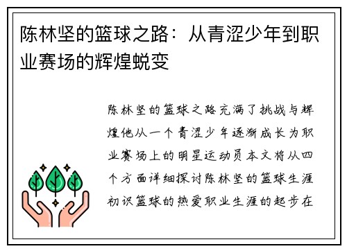 陈林坚的篮球之路：从青涩少年到职业赛场的辉煌蜕变