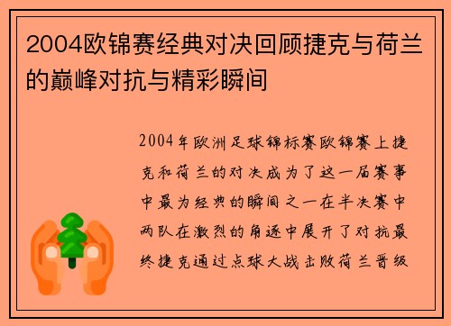 2004欧锦赛经典对决回顾捷克与荷兰的巅峰对抗与精彩瞬间