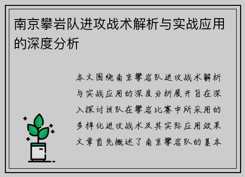 南京攀岩队进攻战术解析与实战应用的深度分析