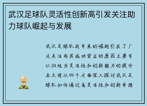 武汉足球队灵活性创新高引发关注助力球队崛起与发展