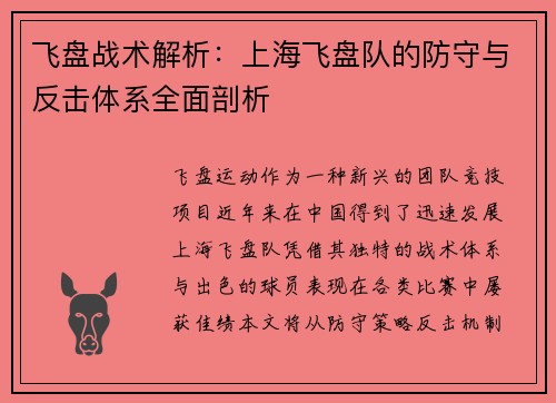 飞盘战术解析：上海飞盘队的防守与反击体系全面剖析