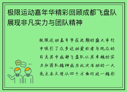 极限运动嘉年华精彩回顾成都飞盘队展现非凡实力与团队精神