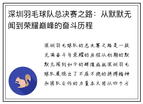深圳羽毛球队总决赛之路：从默默无闻到荣耀巅峰的奋斗历程