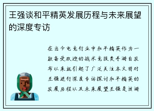 王强谈和平精英发展历程与未来展望的深度专访